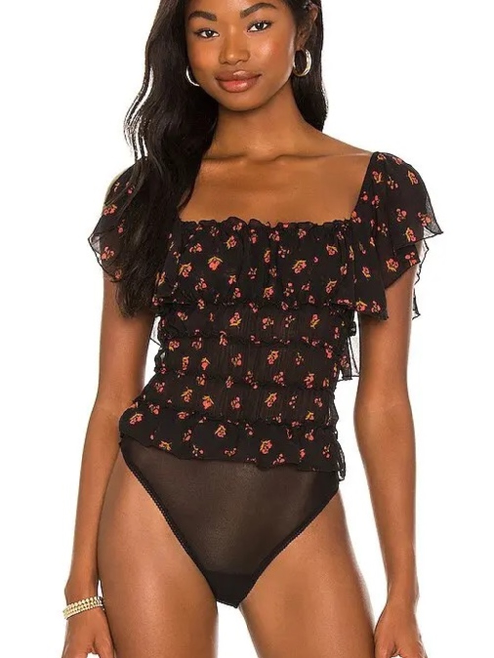 Free People Black Floral Smocked Square-Neck Bodysuit